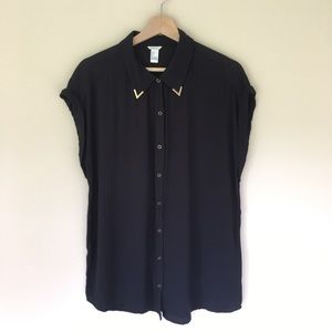 Short Sleeved Black Button Down with Gold Details